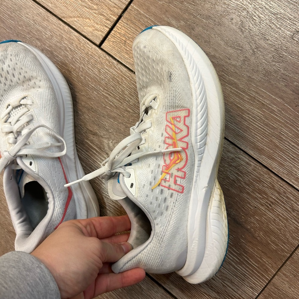 Hoka White Running Shoes with Pink and Blue Details